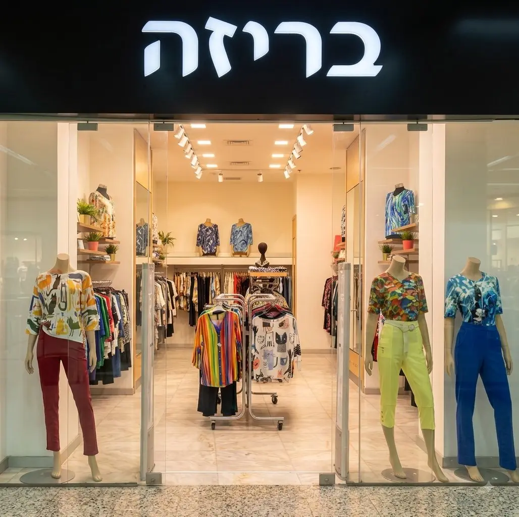 חזית החנות עם שלט בריזה מואר, דלתות זכוכית ובובות תצוגה בחולצות צבעוניות ומכנסיים